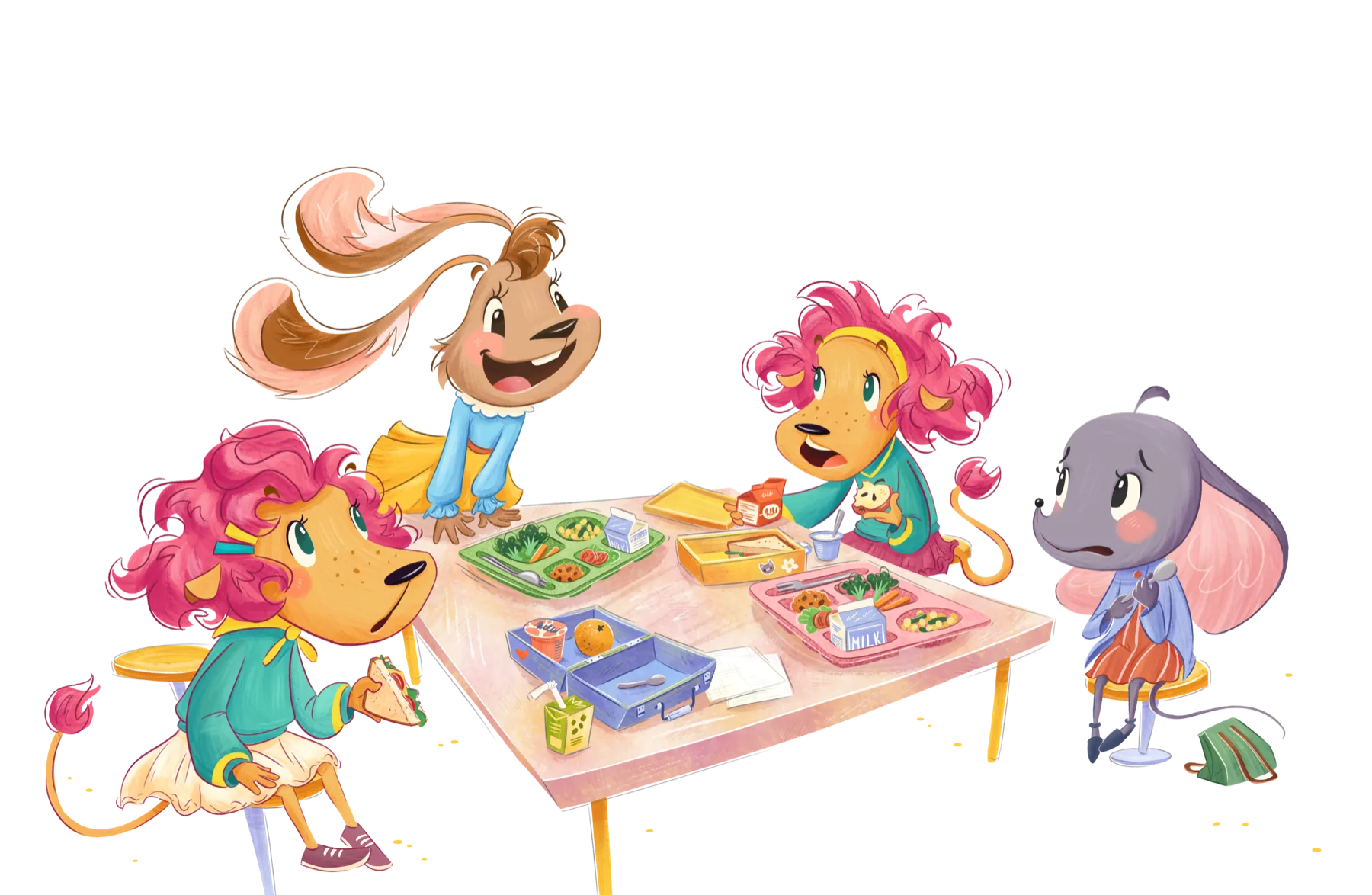 Hope, a little mouse, sits a little apart while three girls at the lunch table turn to make room for her.